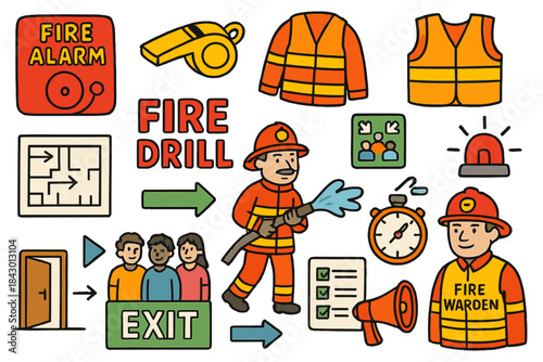 Fire safety flat icon set. featuring fire alarm, fire drill, firefighter, exit sign, fire warden, and whistle symbols