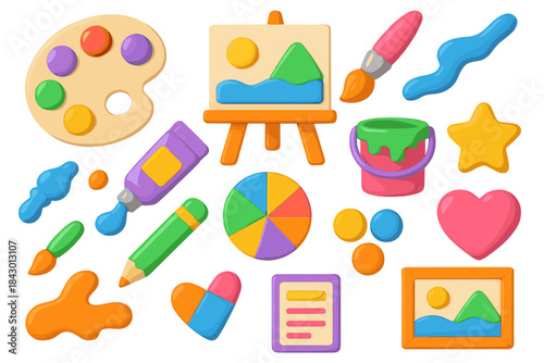 Art and craft flat icon set. featuring palette, easel, pencil, brush, paint, heart, star, and picture symbols