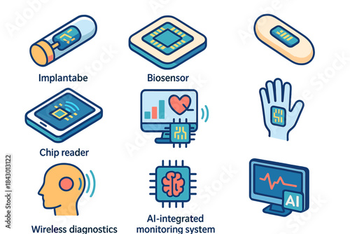 Medical technology flat icons set. featuring implantable, biosensor, chip reader, wireless diagnostics, ai-integrated monitoring