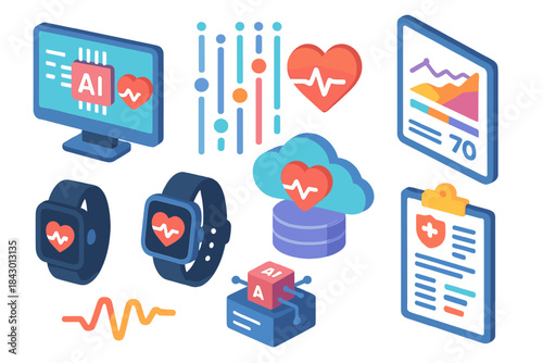 Healthcare technology isometric icon set. featuring ai, smartwatch, cloud, data, and heart rate symbols