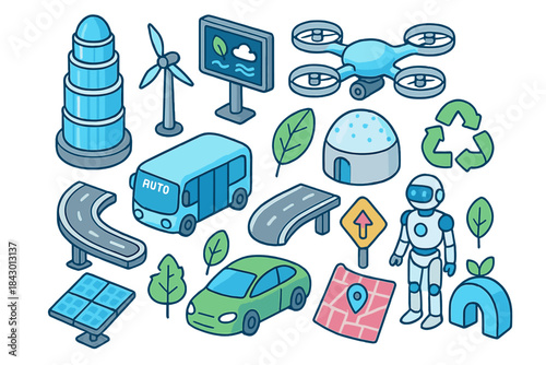 Futuristic linear icons set. featuring robot, autonomous car, drone, wind turbine, and smart city elements