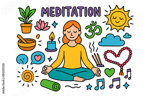 Meditation flat icons set. featuring yoga, lotus, incense, candle, sun, cloud, music, and nature symbols