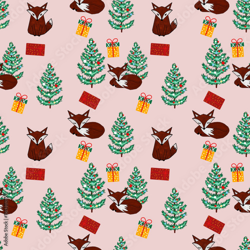 Seamless pattern of foxs, green Christmas tree, and gifts on pink background. Design for fabric, wrapping paper, or digital backgrounds.