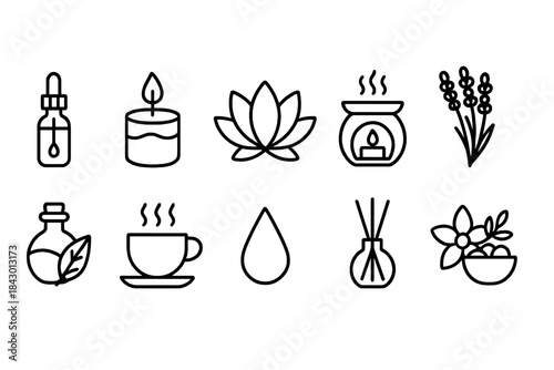 Aromatherapy linear icon set. featuring candles, diffuser, essential oil, lotus, tea, spa, and wellness symbols