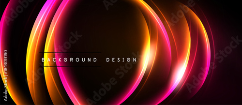Abstract vibrant layers create dynamic light effect. Pink, orange, yellow hues blend seamlessly against black backdrop. Modern design element.