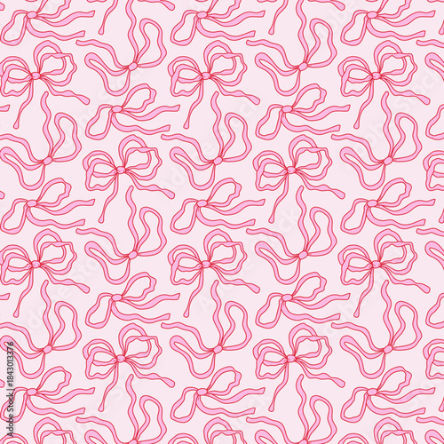 Playful seamless pattern with dynamic ribbon outline on a soft pink background. Trendy girly decorative design for stationery, wrapping, textile and surface prints.