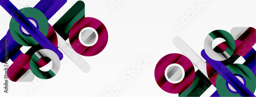 Abstract geometric shapes, vibrant colors, overlapping ribbons. Modern design, clean lines, minimalist aesthetic. White background dominates composition.