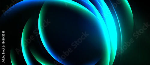 Abstract flowing shapes, vibrant blues, greens create luminous effect. Dark background emphasizes bright curves, smooth gradients.