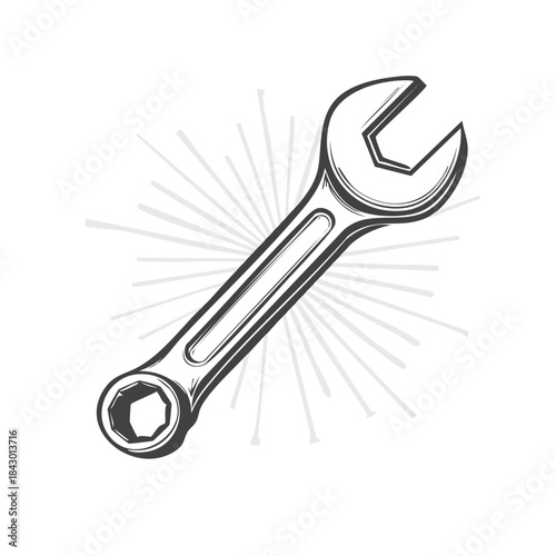 Single Wrench Tool Mechanical Repair Black and White Drawing Design Engineering