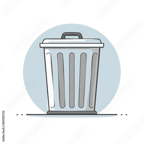 Illustrated white trash can with a lid against a light blue circle, cartoonish style and clear lines