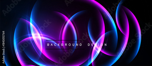 Abstract neon shapes create dynamic background. Vivid purple, blue hues blend, forming flowing curves. Modern design element.