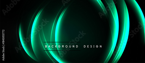 Dark background features glowing turquoise layers forming abstract circular shapes. Text reads background design centered below curves. Minimalist, modern aesthetic.
