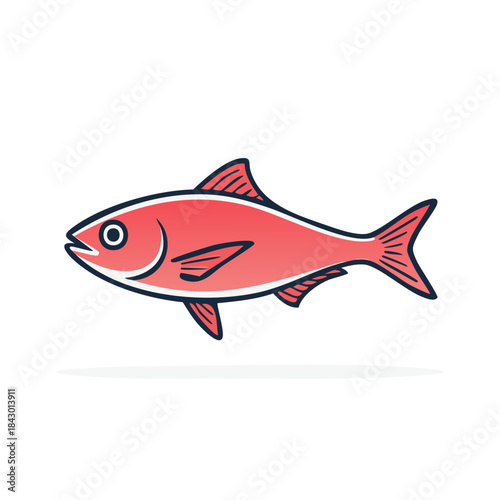Cartoon drawing of a reddish fish with a thin black outline swimming to the left