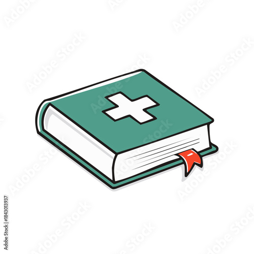 Closed medicine reference book with medical cross and red bookmark, illustration
