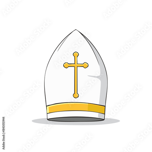 Pope Mitre isolated white, gold cross on papal hat, catholic faith religious headwear