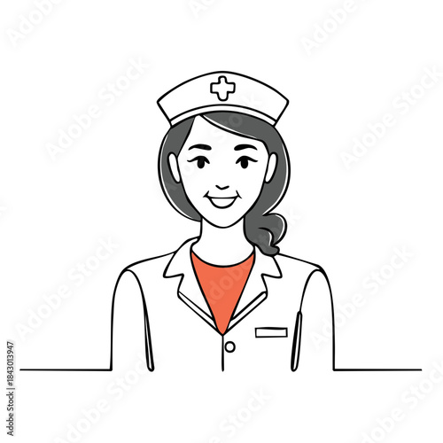Smiling Nurse Line Art Illustration Wearing Traditional Uniform Hat Medical Professional