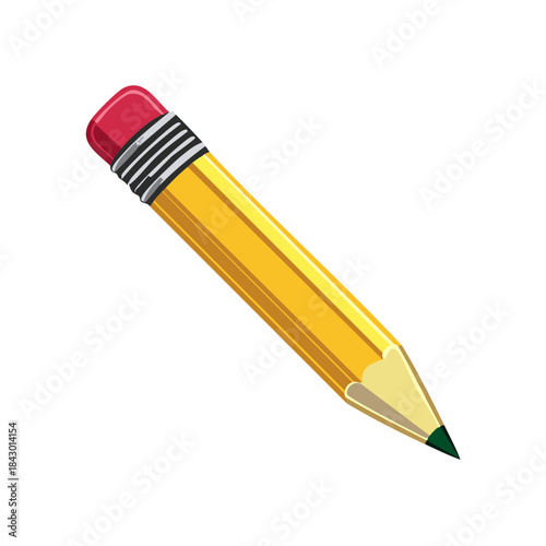 Illustration of a yellow wooden pencil with eraser top and sharpened point for writing, drawing, drafting or note taking.