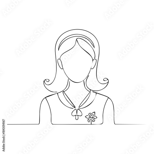 Continuous line drawing of a woman with headband and floral brooch, minimalist portrait in black and white for graphic design