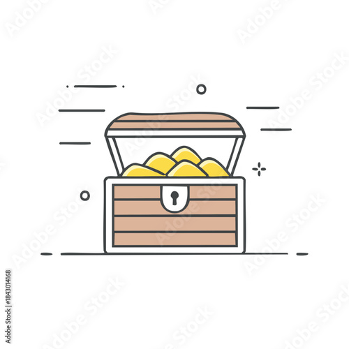 Open wooden treasure chest filled with golden coins, symbolizing wealth, hidden fortunes, and pirate adventures in a simple flat illustration