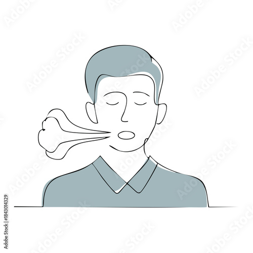 Man Exhaling Vapor Breath: Cold Weather One Line Art Breathing Relaxation and Health
