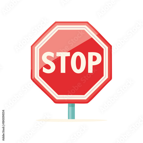 Red Octagon Stop Sign Illustration for Traffic Safety on Street or Road With Pole