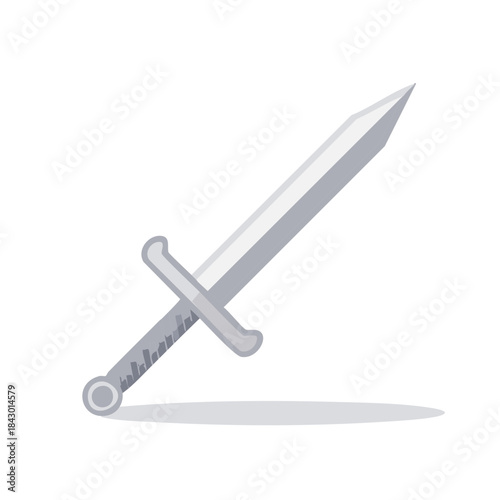 Illustration of a shiny silver sword with a grip and crossguard on a white backdrop for graphics projects