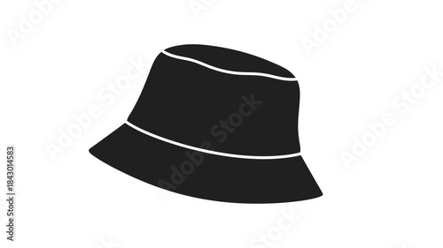 A simple black and white illustration depicting a classic bucket hat fashion accessory