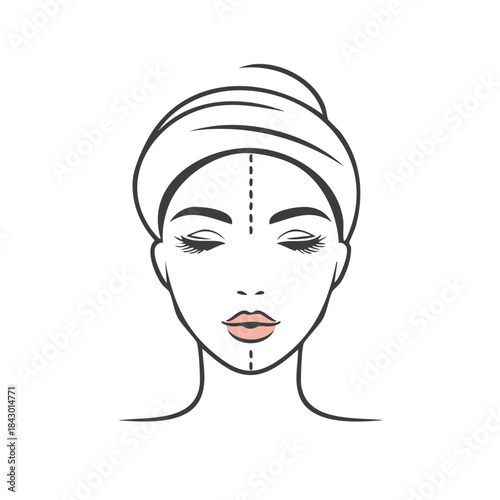 Beauty face icon for cosmetic procedures vector outline illustration, woman with eyes closed and towel