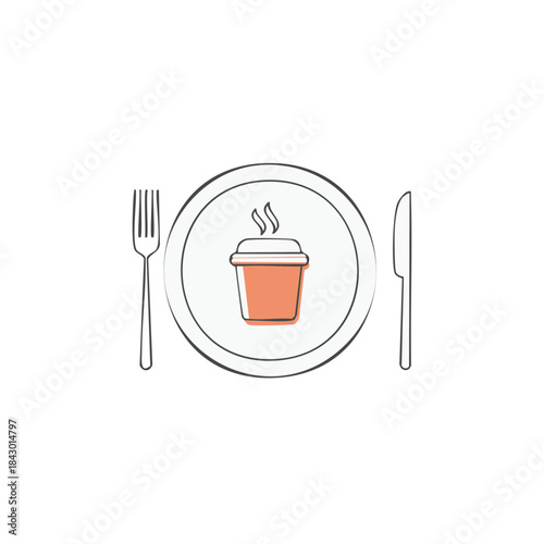 Coffee cup on plate with fork and knife icon graphic illustration for restaurant cafe cafeteria or food ordering application concept