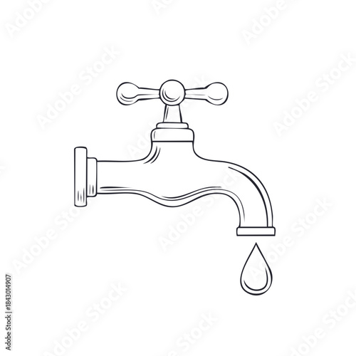 Single Faucet with Dripping Water Drop, Hand Drawn Plumbing Illustration