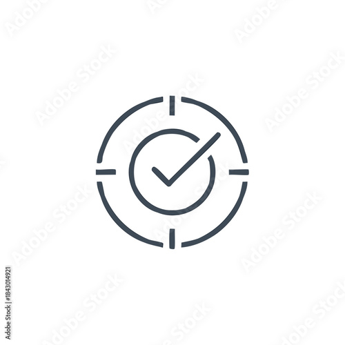 Target accuracy graphic element with check mark within the bullseye, symbolizing success, aim, achievement, goal, and validation.