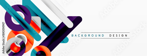 Abstract geometric shapes overlap, creating dynamic composition. White background enhances vibrant colors, modern aesthetic.