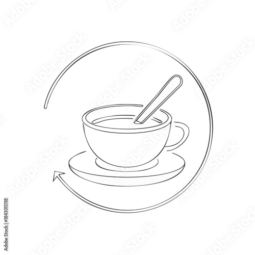 Continuous line drawing of a coffee cup with a spoon inside on a saucer in a circle, vector