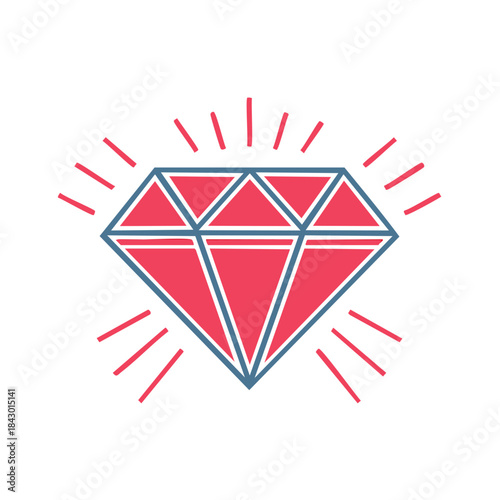Stylized Sparkling Diamond Gem with Radiating Lines Icon Vector Illustration