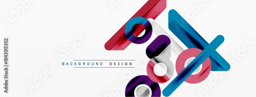 Abstract geometric shapes, vibrant colors, modern design elements. Minimalist composition with overlapping lines, circles, rectangles. Clean aesthetic.