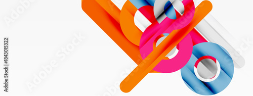 Abstract colorful tubes intersect, creating dynamic composition. Bright hues contrast against white background. Modern design element.