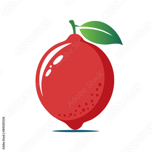 Vivid Red Fruit with a Green Leaf - Glossy, Sweet, Isolated, Vector Illustration