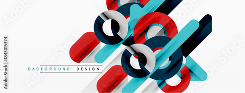 Abstract geometric shapes overlap, creating dynamic visual effect. Red, blue, teal colors dominate white background. Modern design element.