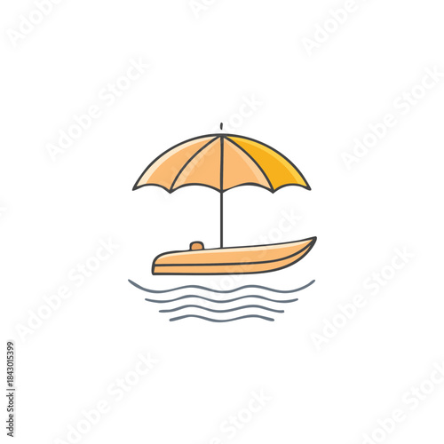Summer beach vacation getaway symbol featuring umbrella boat floating on sea wave in stylized minimalism for travel concepts