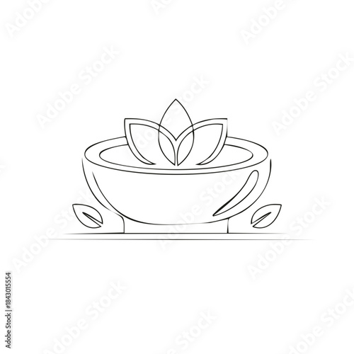 Outline drawing of bowl with water and floating lotus flower. Spa therapy and wellness aesthetic illustration.