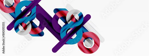 Abstract geometric shapes overlap, creating dynamic visual effect. Red, purple, cyan colors dominate white background. Modern design.