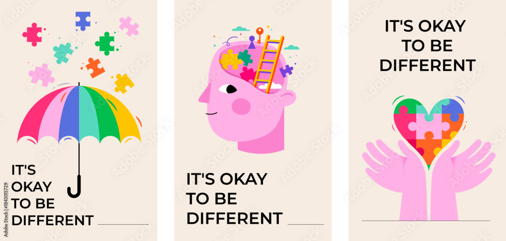 Obraz premium Autism Awareness Day concept poster, banner design with colorful puzzles. Vector illustrations