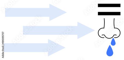 Arrows symbolize airflow directed toward a nose experiencing irritation and droplets, representing an allergic reaction. Ideal for health, allergy awareness, pollution, protection, sensitivity