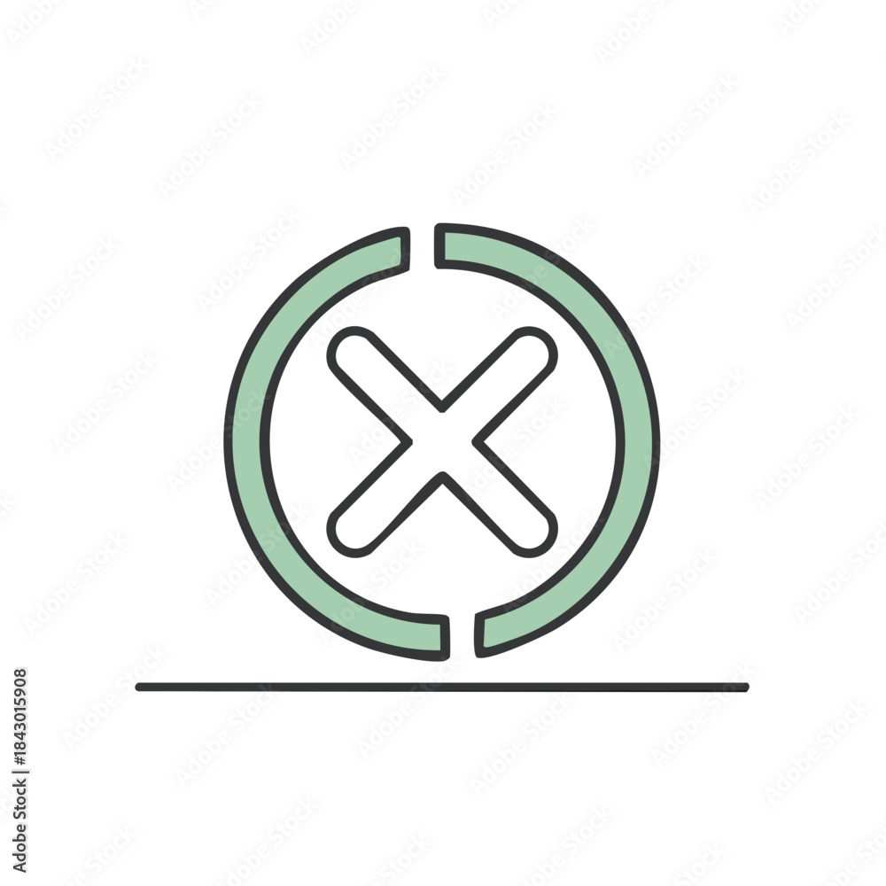 Fototapeta premium Line art illustration depicting a X mark in a circle against a white backdrop offering a simplistic icon of failure