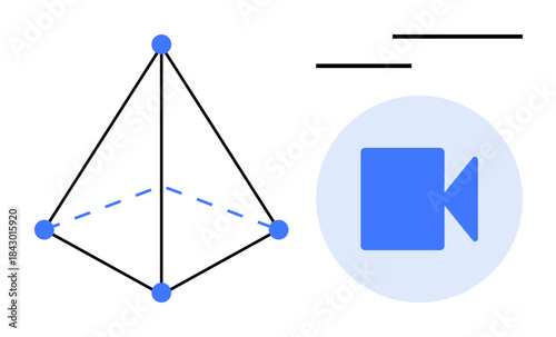 Digital media, video conferencing, virtual communication, geometric design, technology, collaboration. A geometric tetrahedron next to a video icon, lines and shapes. Digital media and video