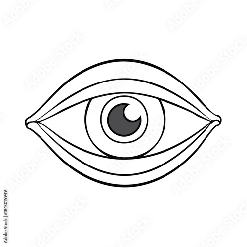 Isolated stylized eye graphic art line drawing on white background, design element for tattoo, logo, simple illustration of vision