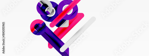 Abstract shapes, vibrant purple, pink, white. Modern design, dynamic composition, clean aesthetic. Minimalist presentation, geometric forms.