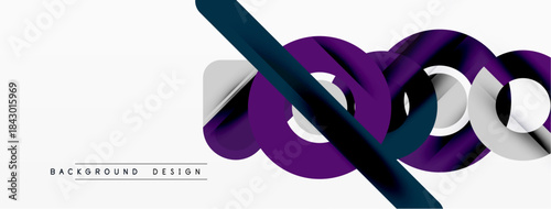 Abstract design features flowing purple, teal ribbons. Minimalist style, clean lines, modern aesthetic. White background provides contrast.