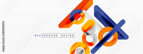 Abstract geometric shapes overlap, creating dynamic composition. Orange, blue, silver colors dominate white background. Modern design element.