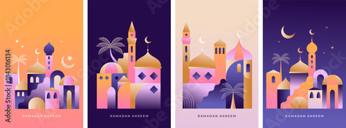 Ramadan Kareem vertical greeting card templates and wallpaper design. Modern geometric Islamic city landscape. 